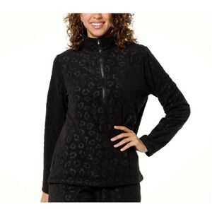 Comfort Code Women's Leopard-Embossed Fleece Quarter Zip Pullover Black XS NWT